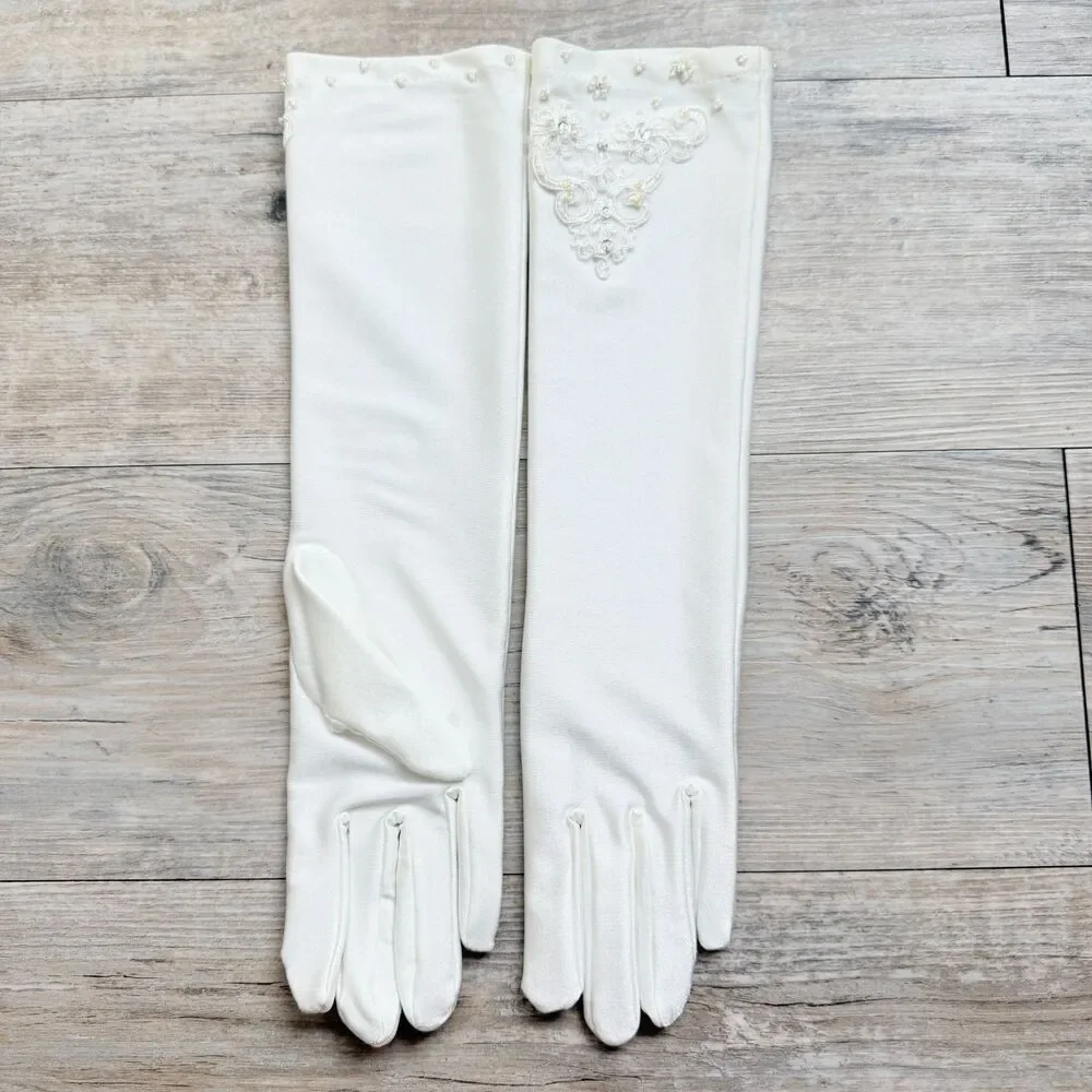 Vintage Bridal Gloves Ivory Beaded Lace Wedding Gloves Long Formal Opera Gloves